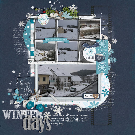 digital scrapbook layout, winter, misty hilltops designs