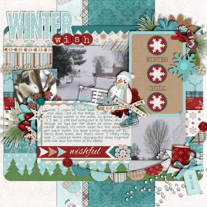 scrapbook layout, winter, snow, misty hilltops designs