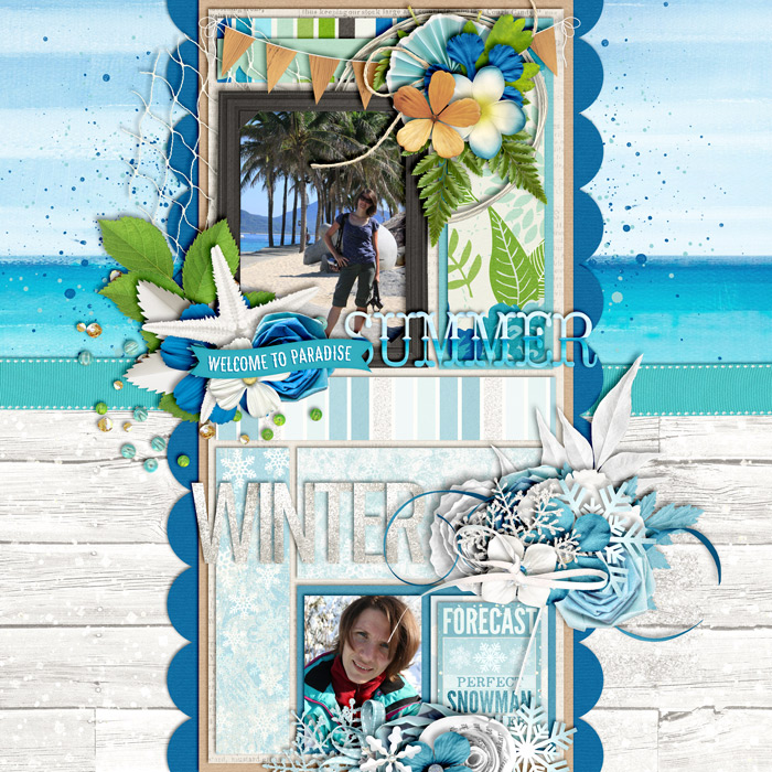 digital scrapbooking layout, opposites, summer, winter